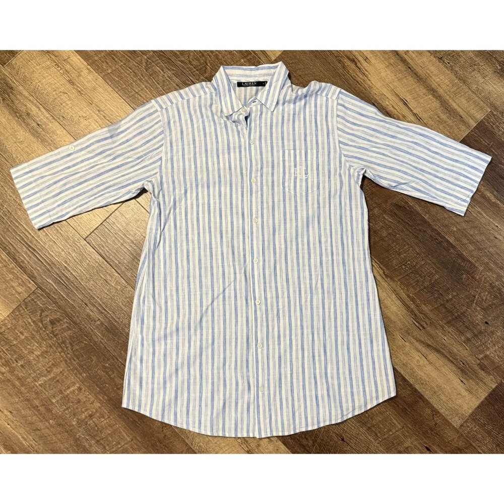 LAUREN Ralph Lauren Pinstripe Roll Tab Tunic Shirt Monogram Women’s LARGE